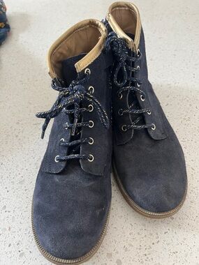 Pom d Api Navy Suede Lace-Up Ankle Boots with Gold Trim